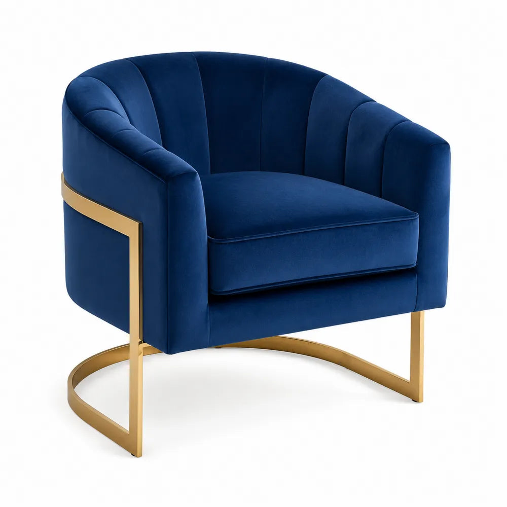 Fauteuil en Velours Bleu avec Structure Métallique Dorée