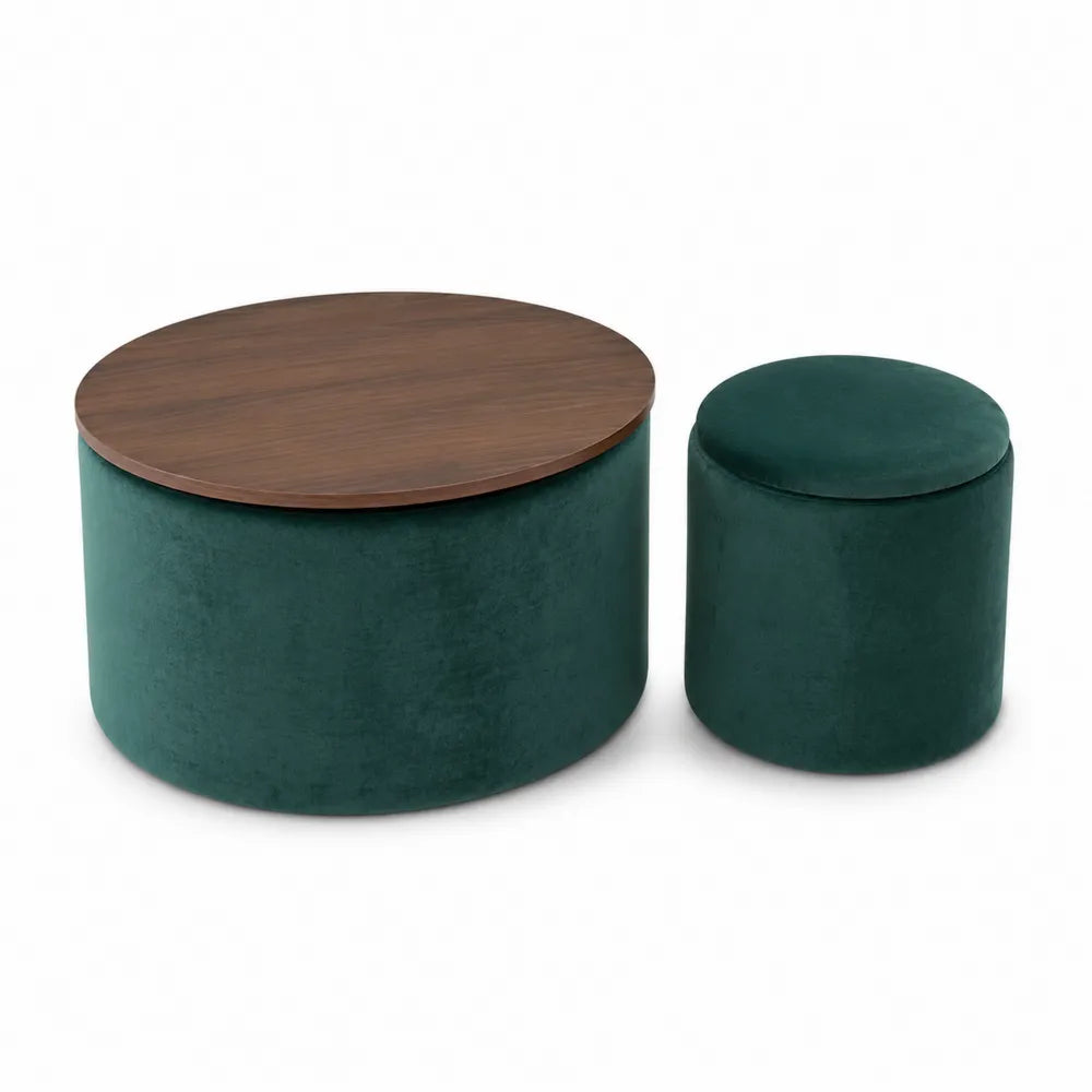 Table basse en bois et pouf en velours Vert