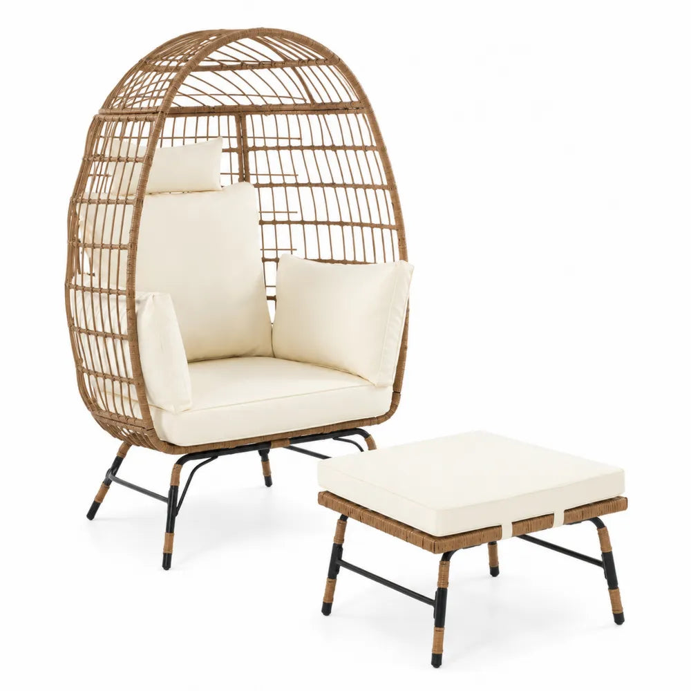 Fauteuil avec Pouf Extérieur en Rotin Synthétique et Coussins Crème