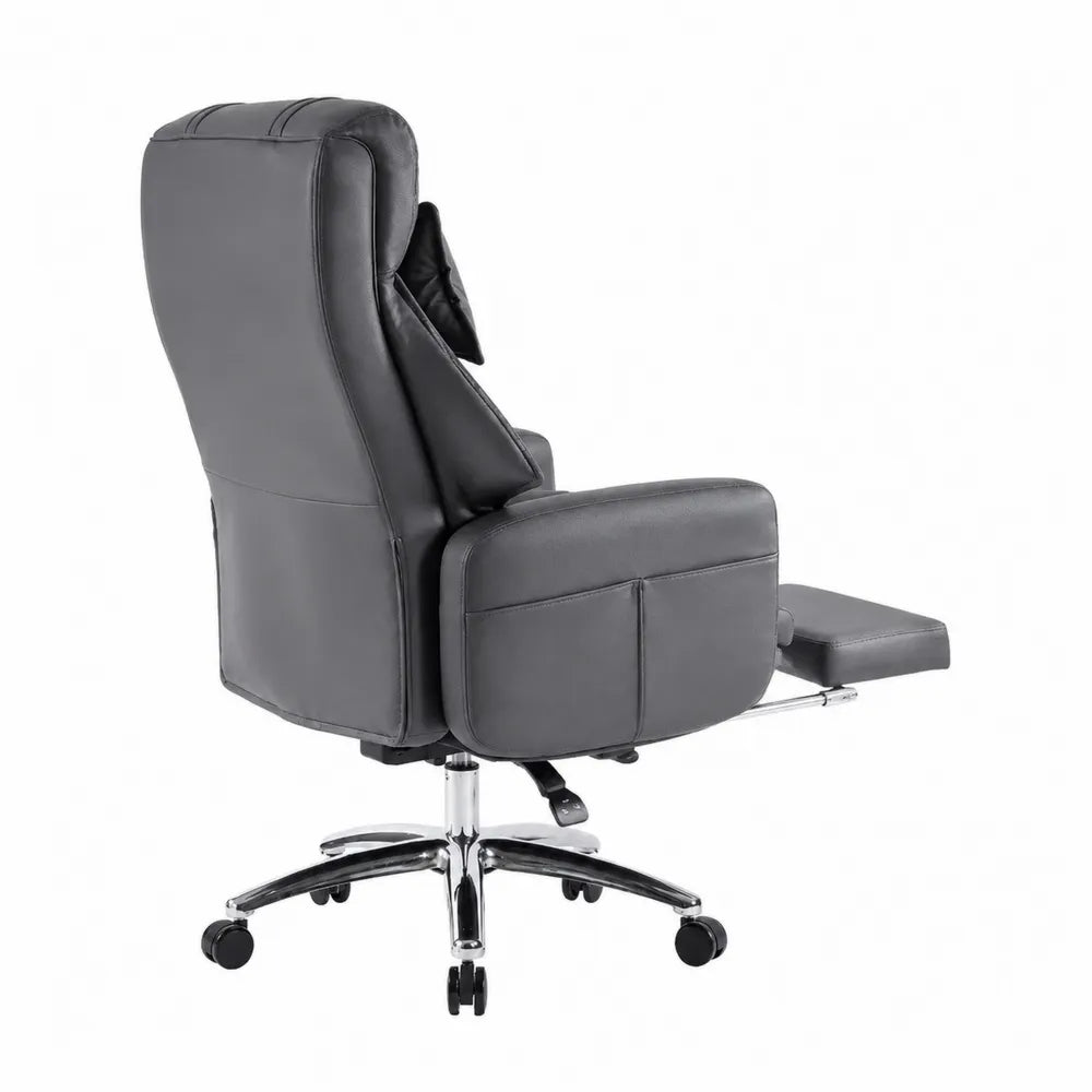 Fauteuil de bureau en cuir synthétique Gris avec repose-pieds réglable et base chromée