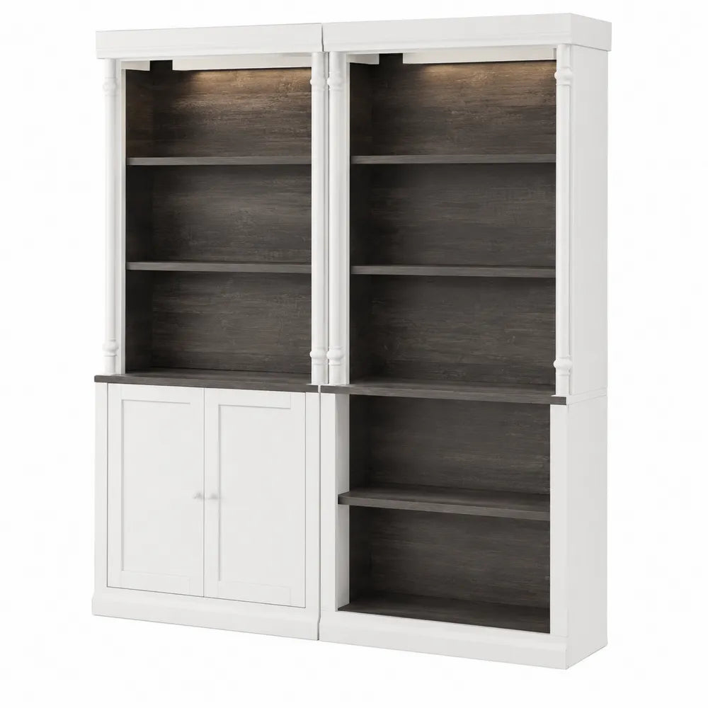 Bibliothèque double en bois avec étagères et portes Blanc/Chêne foncé 200x180x40 cm