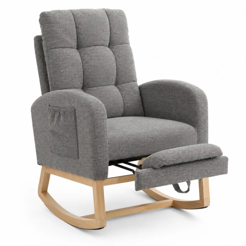 Fauteuil à bascule en tissu gris avec repose-pieds