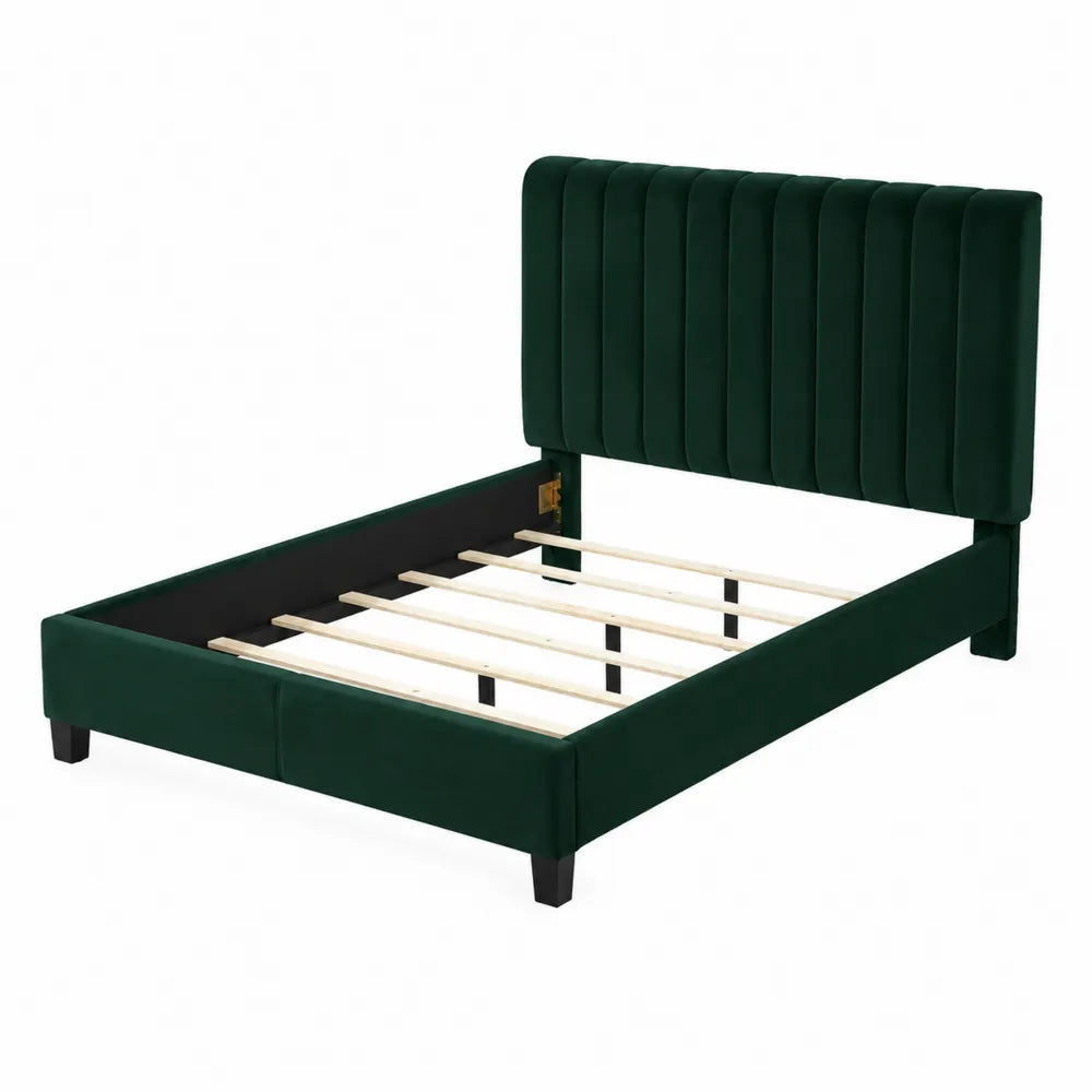 Lit double en bois avec tête de lit en velours vert