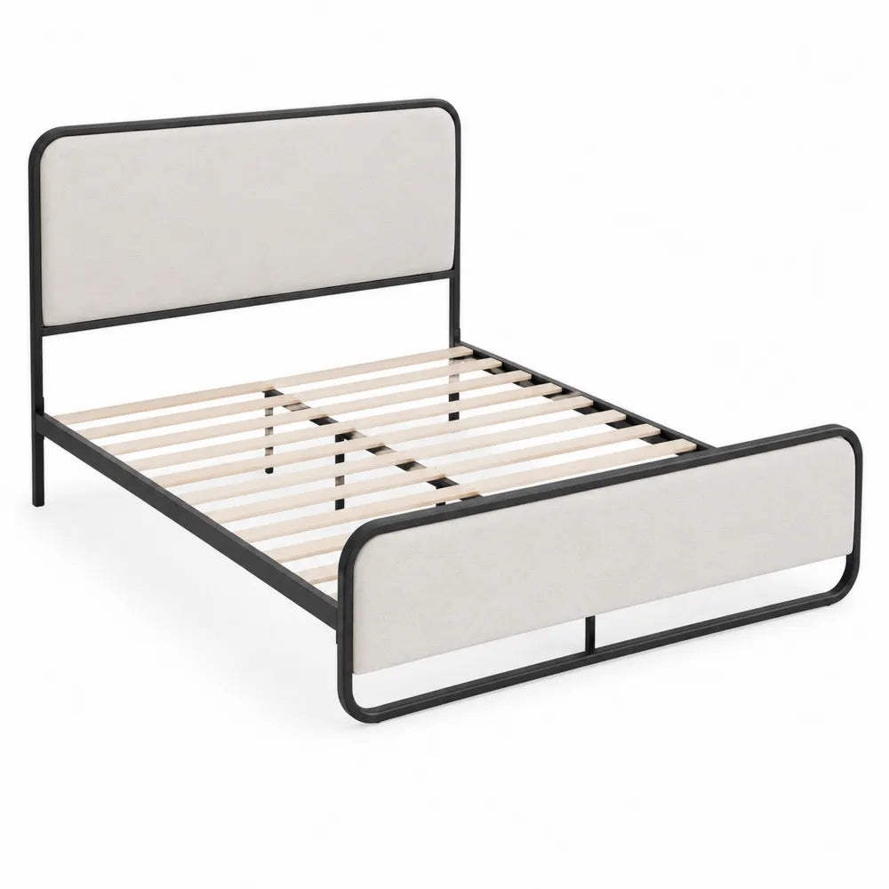 Lit double en métal et tissu beige 140x190 cm