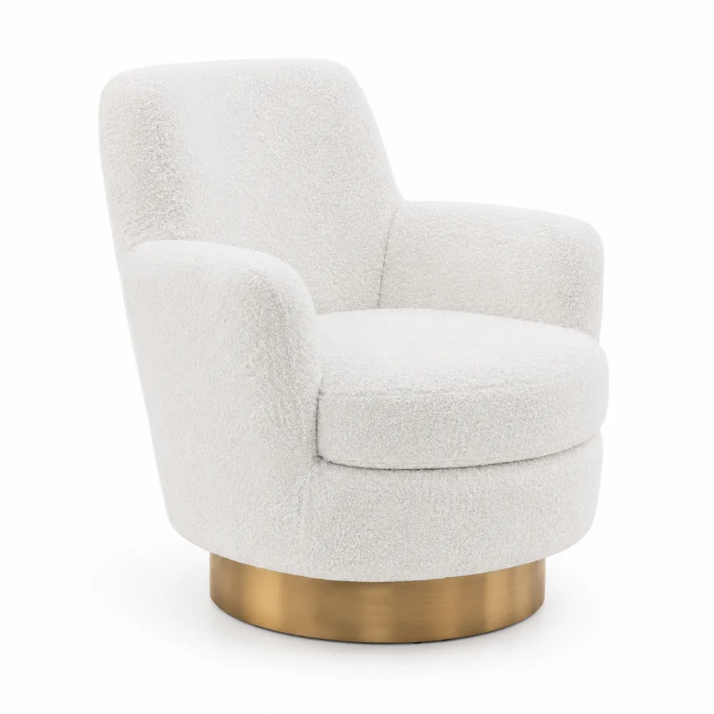 Fauteuil pivotant en tissu bouclé blanc avec base en métal