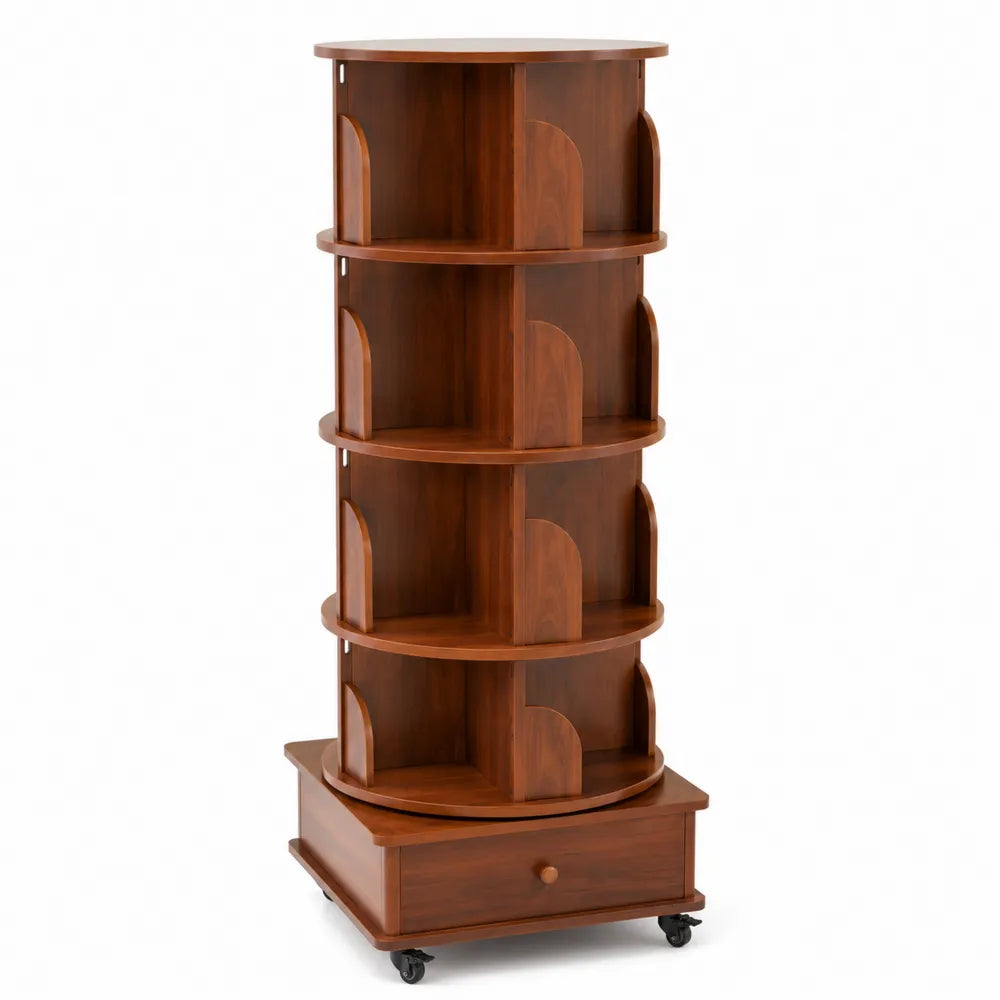Étagère rotative en bois avec tiroir et roulettes